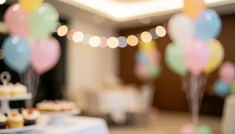 Festive background with pastel balloons in bokeh, warm lights, and tables, ideal for a fun center or children's party decoration.