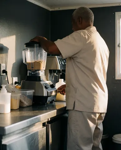 Worker using a blender inside a mobile food truck with natural light and gray walls