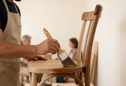 A man in an apron applies varnish to a wooden chair with a brush in a workshop with white walls.