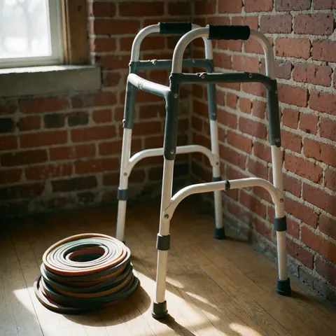 White walker with wheels and therapy bands on wooden floor near red brick wall with natural light