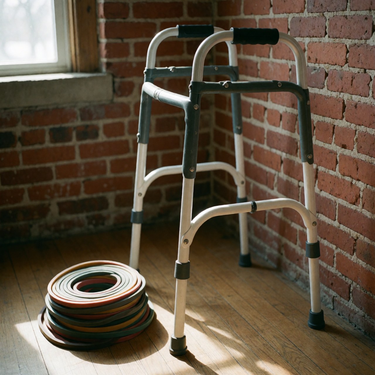 White walker with wheels and therapy bands on wooden floor near red brick wall with natural light