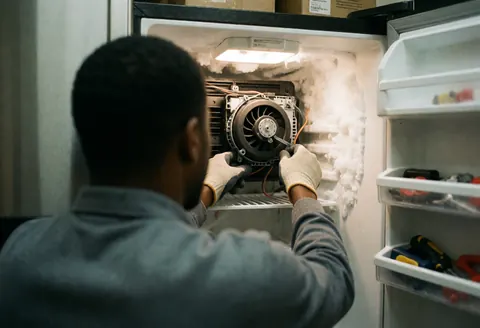 Technician with gloves repairing the fan motor inside the freezer compartment of a refrigerator with ice and tools visible