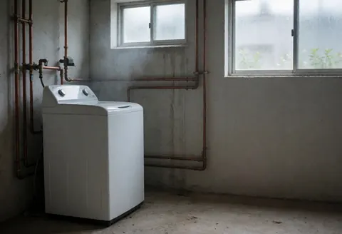 White washing machine in a utility room with concrete walls, visible copper pipes, and natural light from windows.