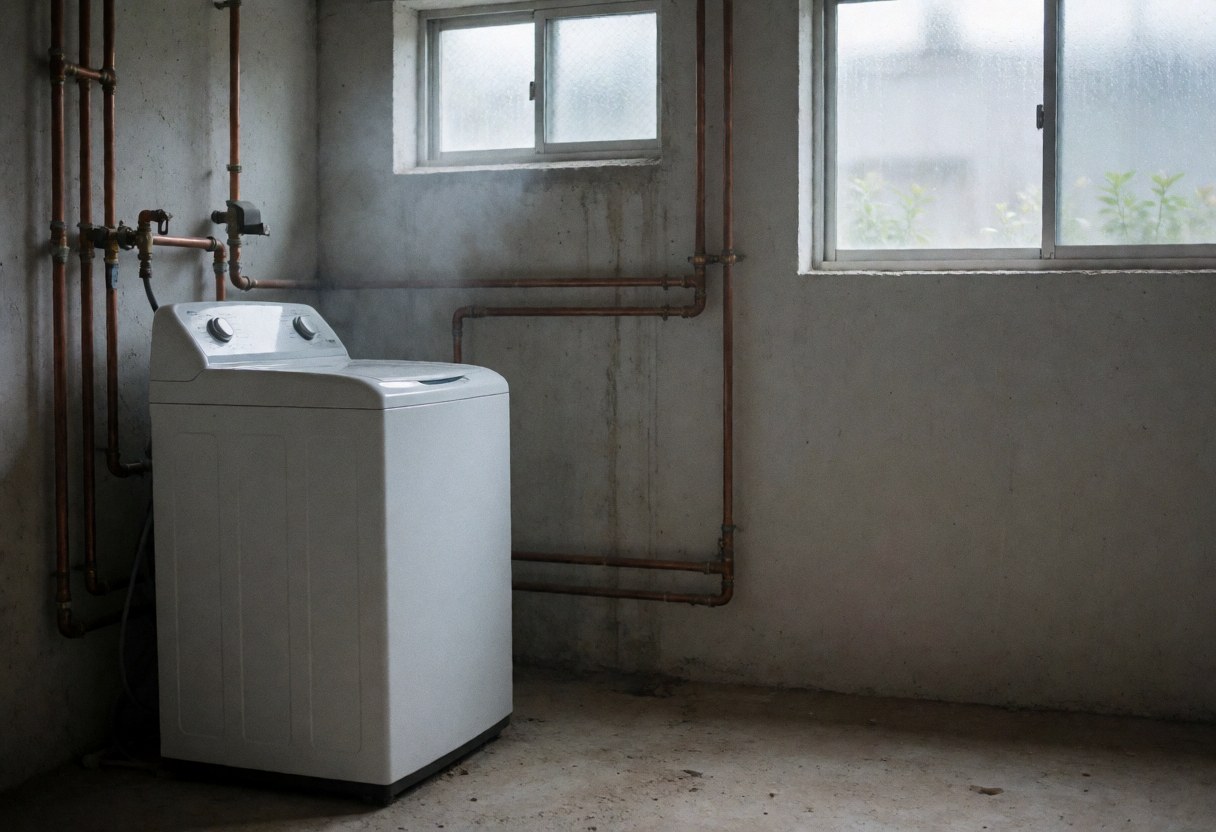 White washing machine in a utility room with concrete walls, visible copper pipes, and natural light from windows.