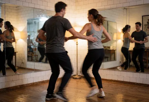 A couple performs salsa dance moves in a studio with mirrors, warm lighting, and a wooden floor.