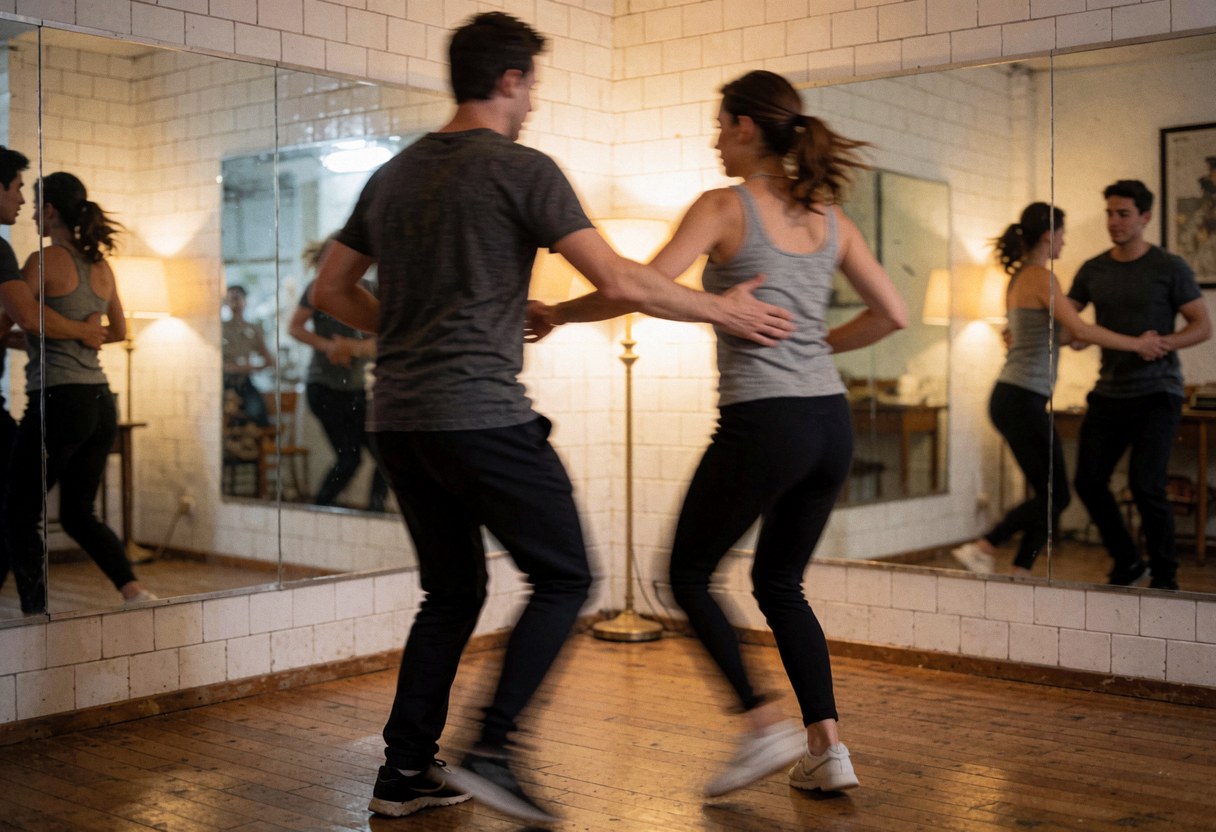A couple performs salsa dance moves in a studio with mirrors, warm lighting, and a wooden floor.