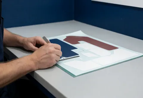 Professional worker using a metal tool to cut colorful vinyl on a gray table in a workshop with blue walls