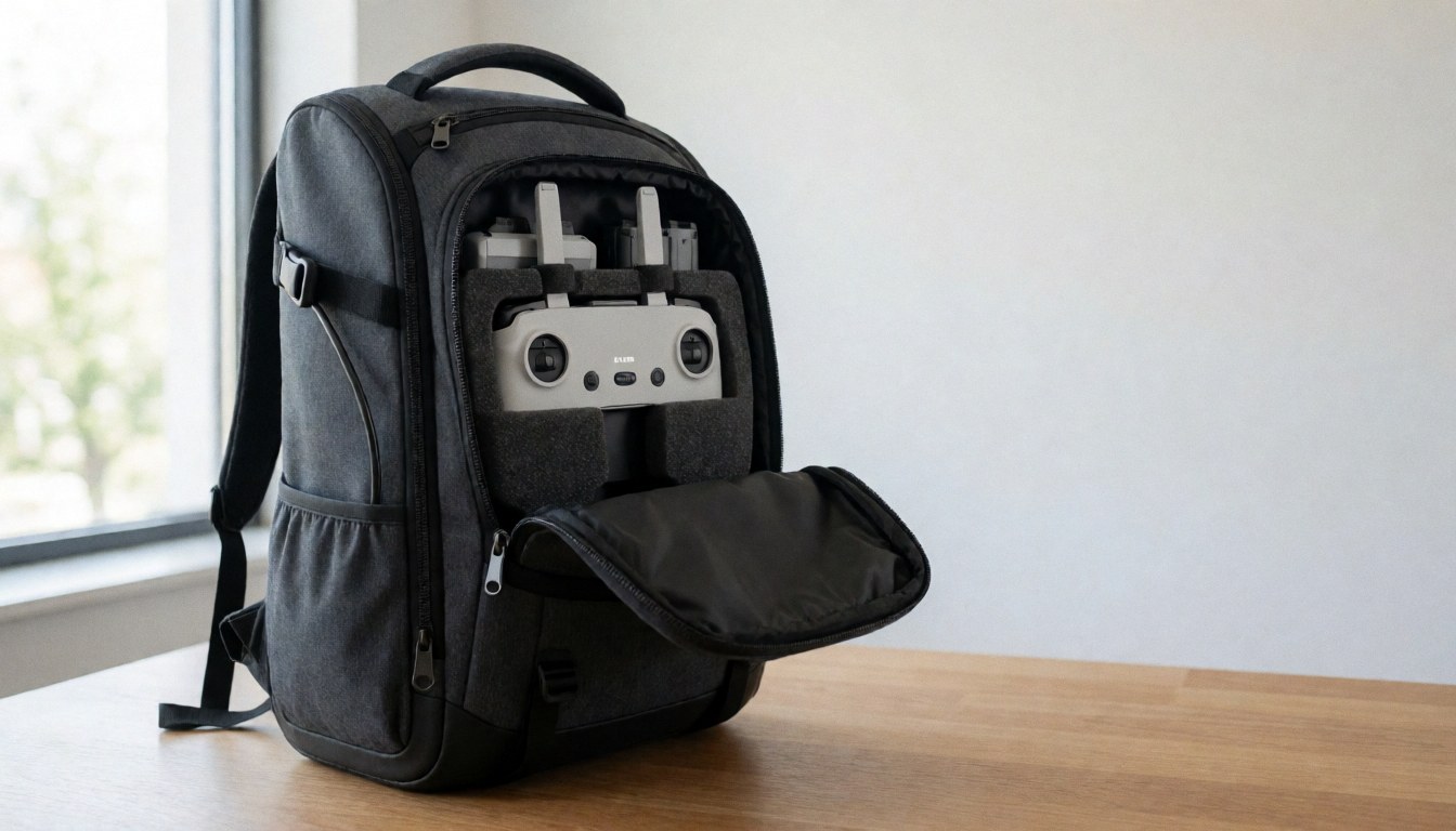Drone transport backpack with controller and batteries inside on a wooden desk in a modern office with natural light