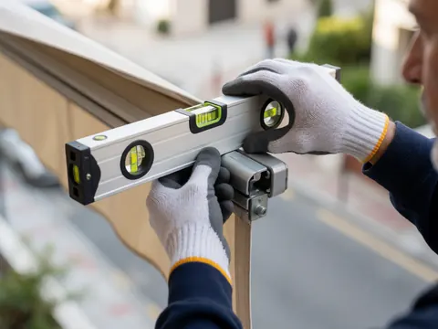 Close-up of a gloved hand using a digital level to align a metal awning bracket against an urban background with natural lighting highlighting the tool and metal surface