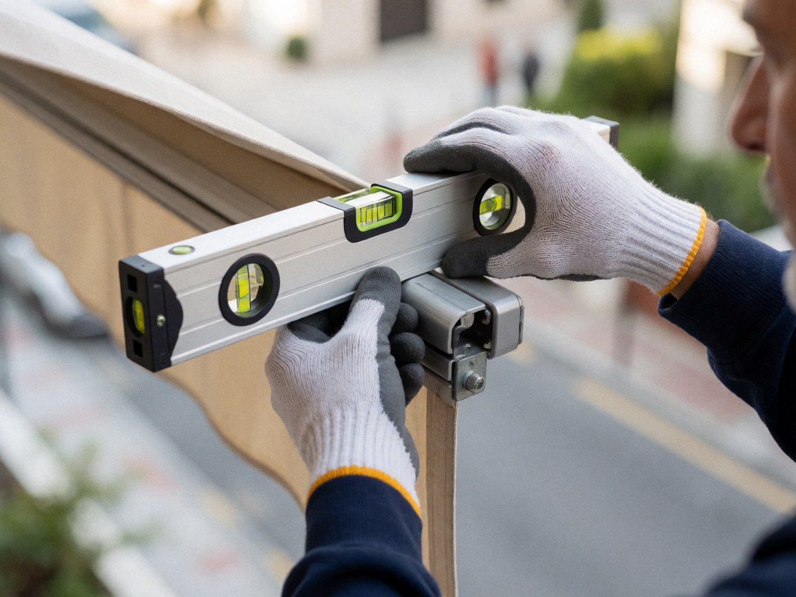 Close-up of a gloved hand using a digital level to align a metal awning bracket against an urban background with natural lighting highlighting the tool and metal surface
