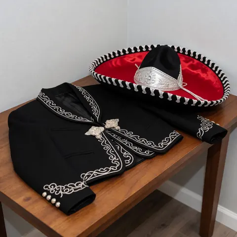 Black charro suit with silver embroidery and hat with red lining on a wooden table, ideal for events.