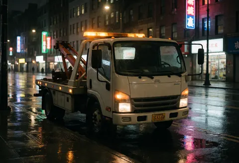 White tow truck parked on a wet street at night with emergency lights on and neon reflections in the water