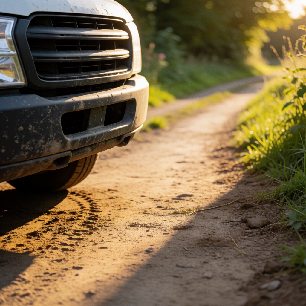 Front view of a muddy tow truck parked on a dirt path during golden hour with long shadows and blurred rural vegetation in the background