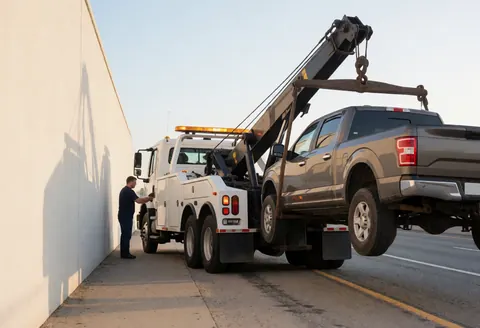 Industrial tow truck lifting a pickup truck on the roadside with an operator nearby under a clear sunny sky.