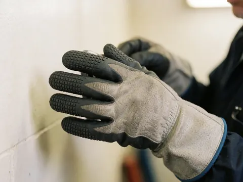 Detailed view of a textured rubber work glove showing grip design and material texture in a workshop setting