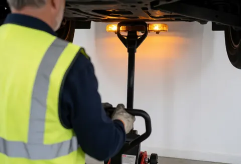 Worker in reflective vest adjusting a jack under a lifted car illuminated by yellow lights against a white wall