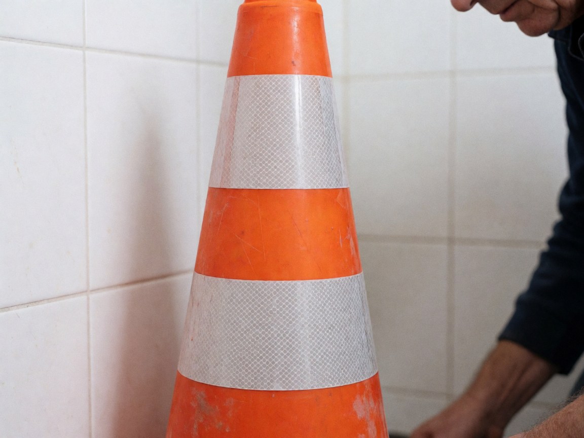 Close-up of an orange traffic cone with reflective bands being adjusted by a worker's hand against a white tiled wall