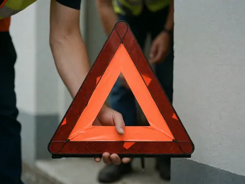 Close-up of a hand placing an orange reflective safety triangle on the pavement to signal danger with a blurred gray background