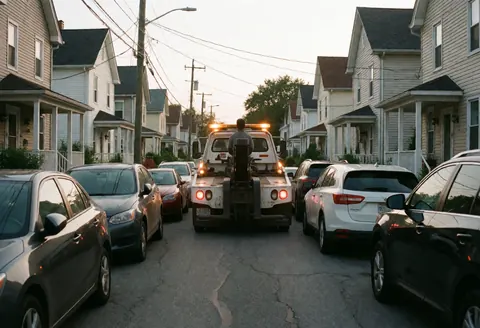Rear view of a tow truck with emergency lights on driving down a narrow residential street between houses and parked cars at dusk