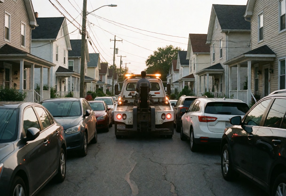 Rear view of a tow truck with emergency lights on driving down a narrow residential street between houses and parked cars at dusk