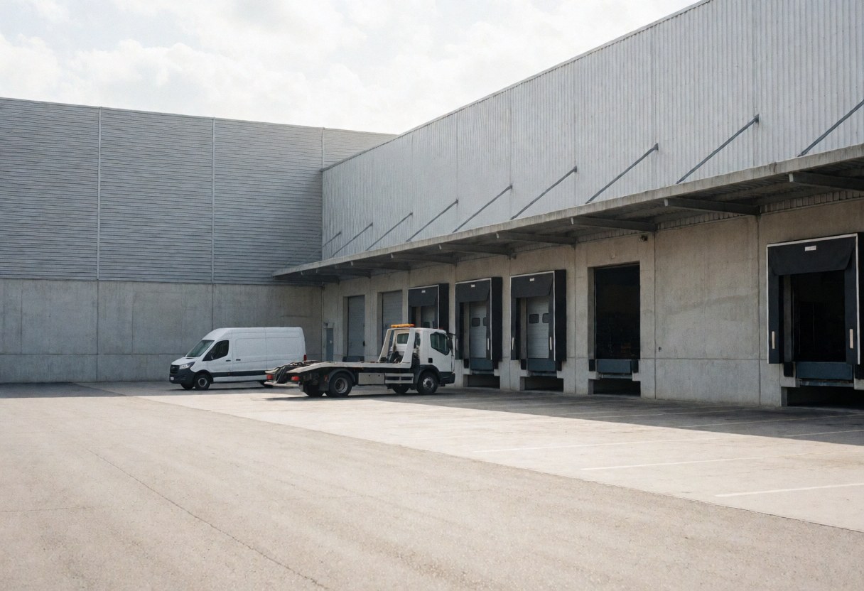 White tow truck and pickup truck parked in front of empty industrial loading docks with natural light on concrete pavement