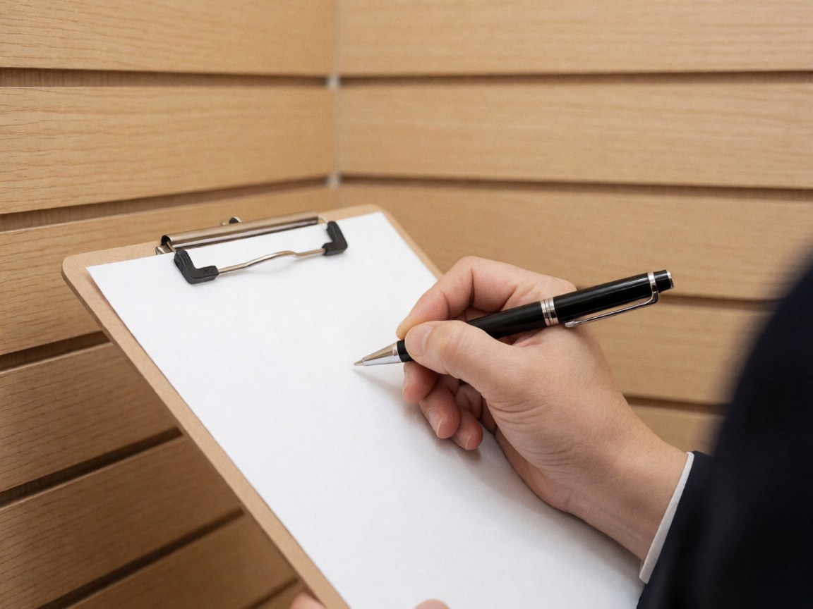 Adult hand writing with pen in white portfolio on light wood wall, clean professional scene