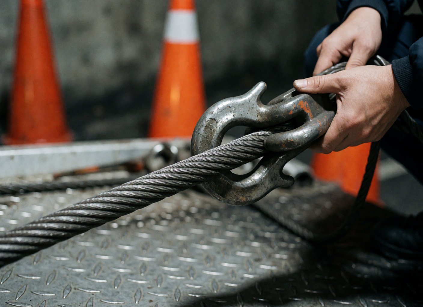 Close-up of hands securing a thick steel cable onto a metal hook on a steel platform with blurred orange cones in the background