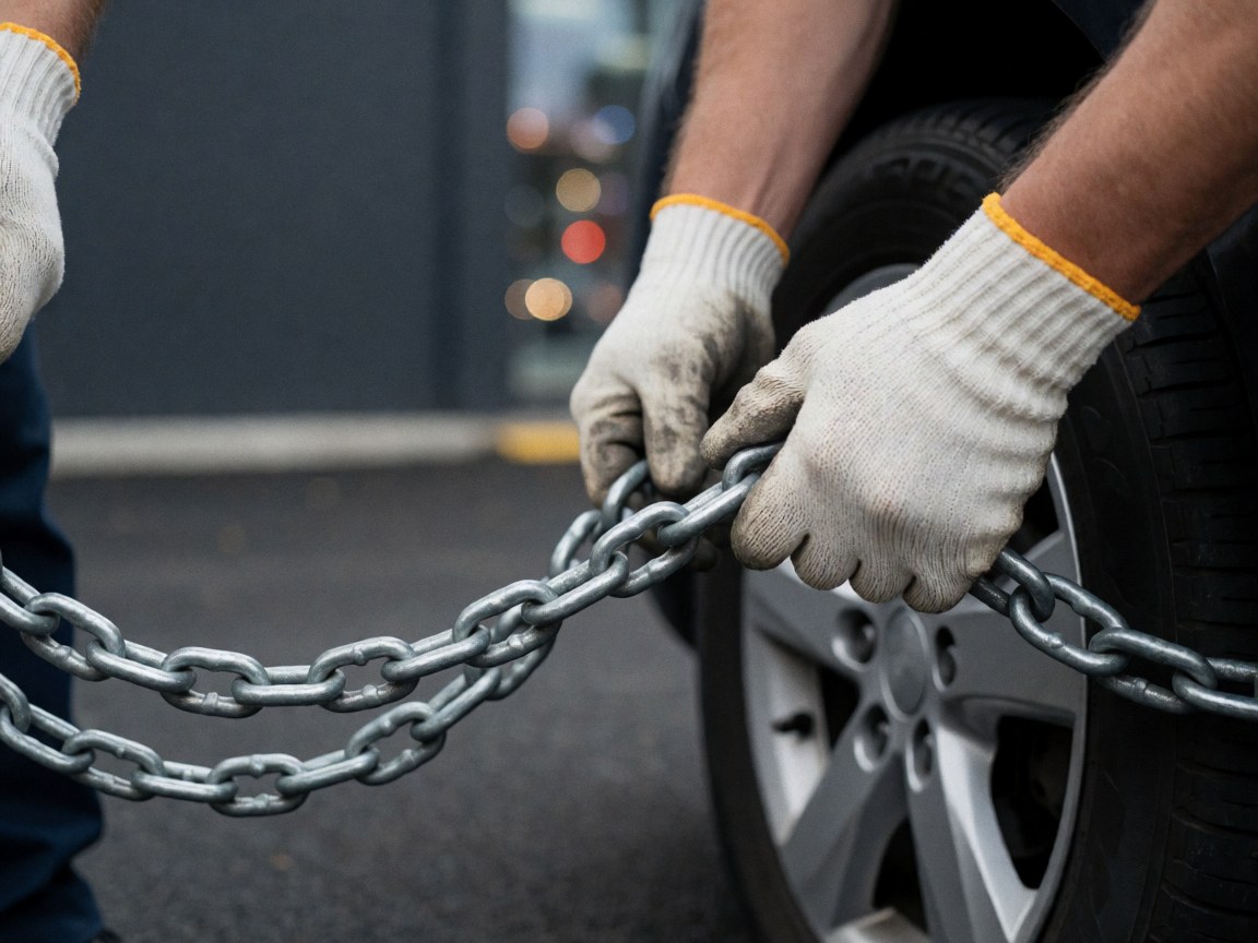 Close-up of gloved hands securing a heavy metal chain around a vehicle tire with a blurred city street background
