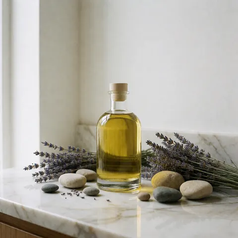 Argan oil bottle on marble surface with dried lavender and smooth stones, lit by soft natural light, ideal for spa or natural products