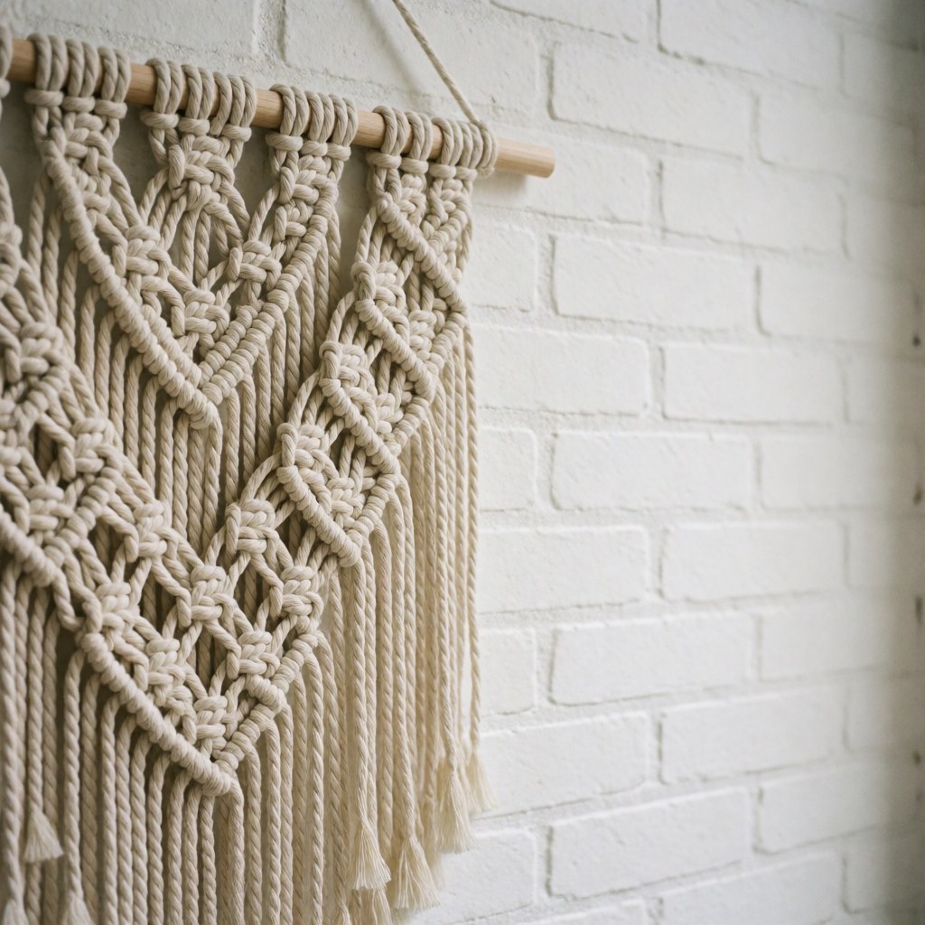 Natural rope macrame with square knot patterns and tassels hanging on a white painted brick wall with soft diffuse lighting