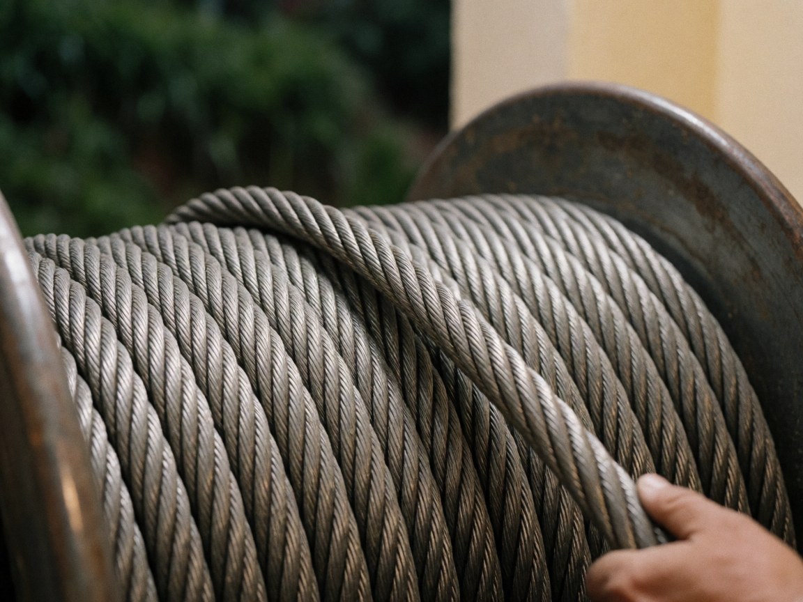 Close-up of a hand gripping thick steel cable on a winch drum, with blurred vegetation and beige wall in the background.