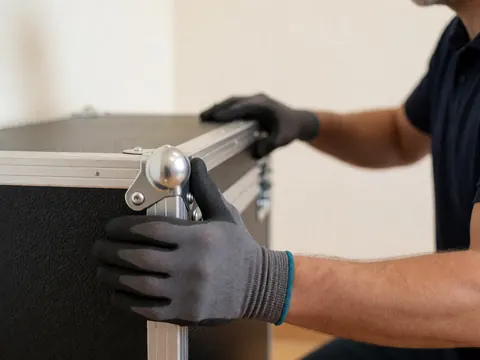 Close-up of a gloved hand adjusting a metal corner protector on a sound equipment case against a blurred white background.