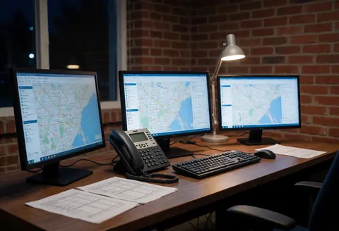 Nighttime tow truck dispatch office featuring three monitors displaying maps, a telephone, keyboard, and papers on a wooden desk against a brick wall.