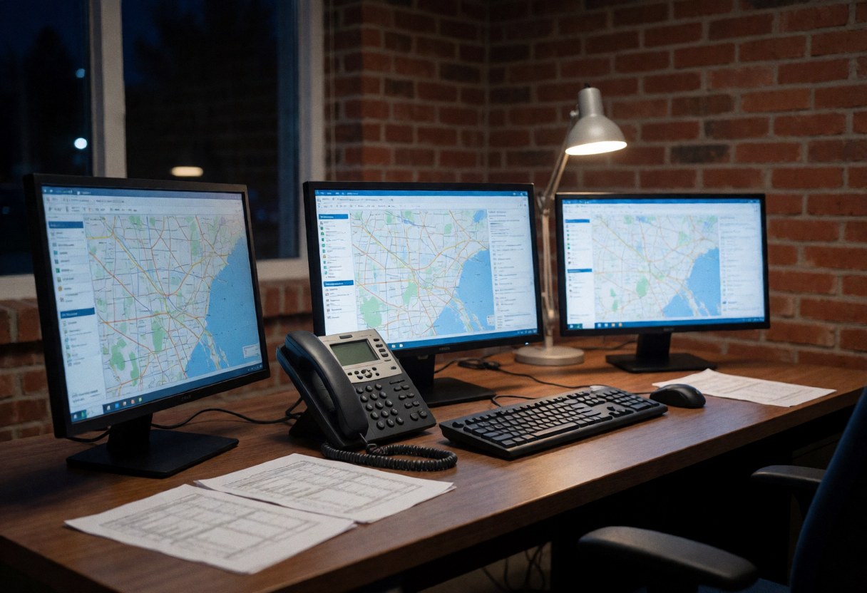 Nighttime tow truck dispatch office featuring three monitors displaying maps, a telephone, keyboard, and papers on a wooden desk against a brick wall.
