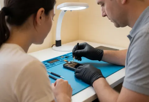 Technician wearing black gloves repairs a cell phone on a blue table under a work light while another person observes.