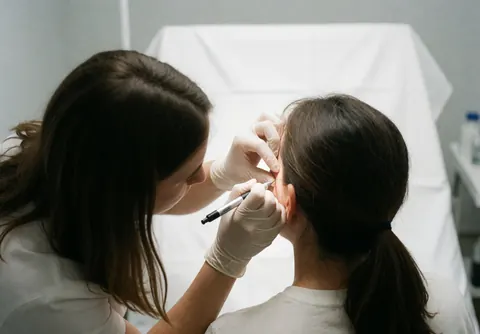 Close-up of gloved hands marking a helix piercing location with a surgical pen against a sterile white background