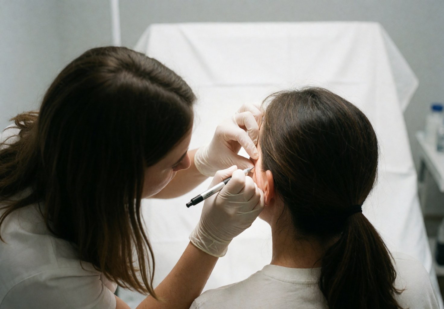 Close-up of gloved hands marking a helix piercing location with a surgical pen against a sterile white background