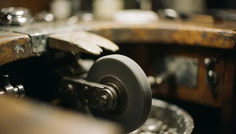 Rotating polishing tool in a watch repair workshop with wooden workbench and tools under warm industrial lighting