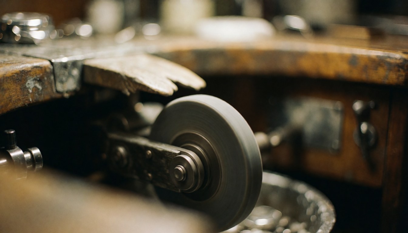 Rotating polishing tool in a watch repair workshop with wooden workbench and tools under warm industrial lighting