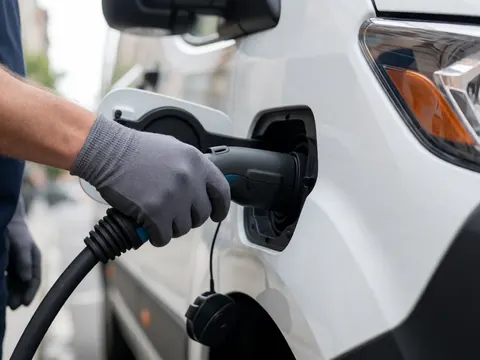 Close-up of a gloved hand plugging a black charging cable into a white electric truck in an urban setting