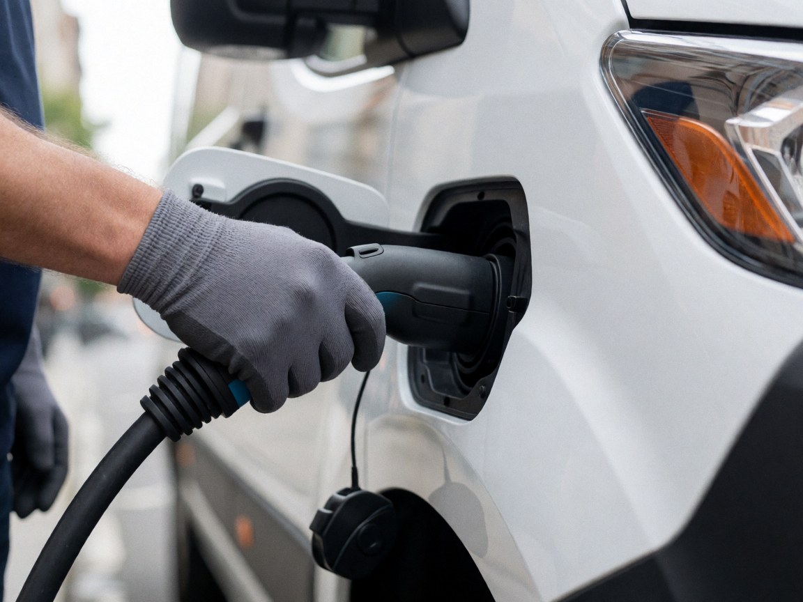 Close-up of a gloved hand plugging a black charging cable into a white electric truck in an urban setting