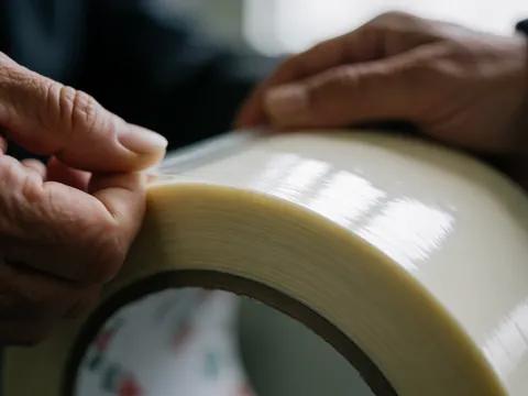 Close-up of adult hands applying packing tape to a package with a blurred background and natural lighting