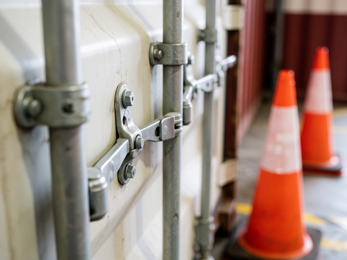 Close-up of a metal container locking mechanism with orange safety cones in the foreground and a blurred industrial warehouse background.