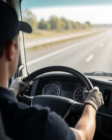 Close-up view of a truck driver's gloved hands on the steering wheel, with the dashboard and windshield visible from inside the vehicle.