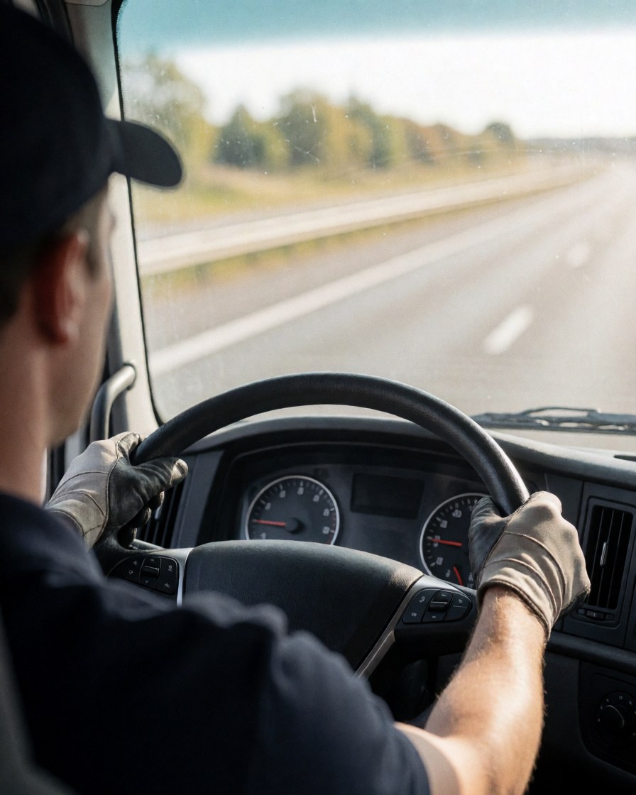 Close-up view of a truck driver's gloved hands on the steering wheel, with the dashboard and windshield visible from inside the vehicle.