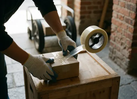Close-up of gloved hands sealing a wooden crate with clear tape, with cart wheels and a brick wall in the background.