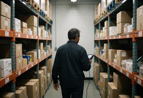 Worker using handheld scanner while walking through warehouse aisles filled with stacked boxes in a logistics facility