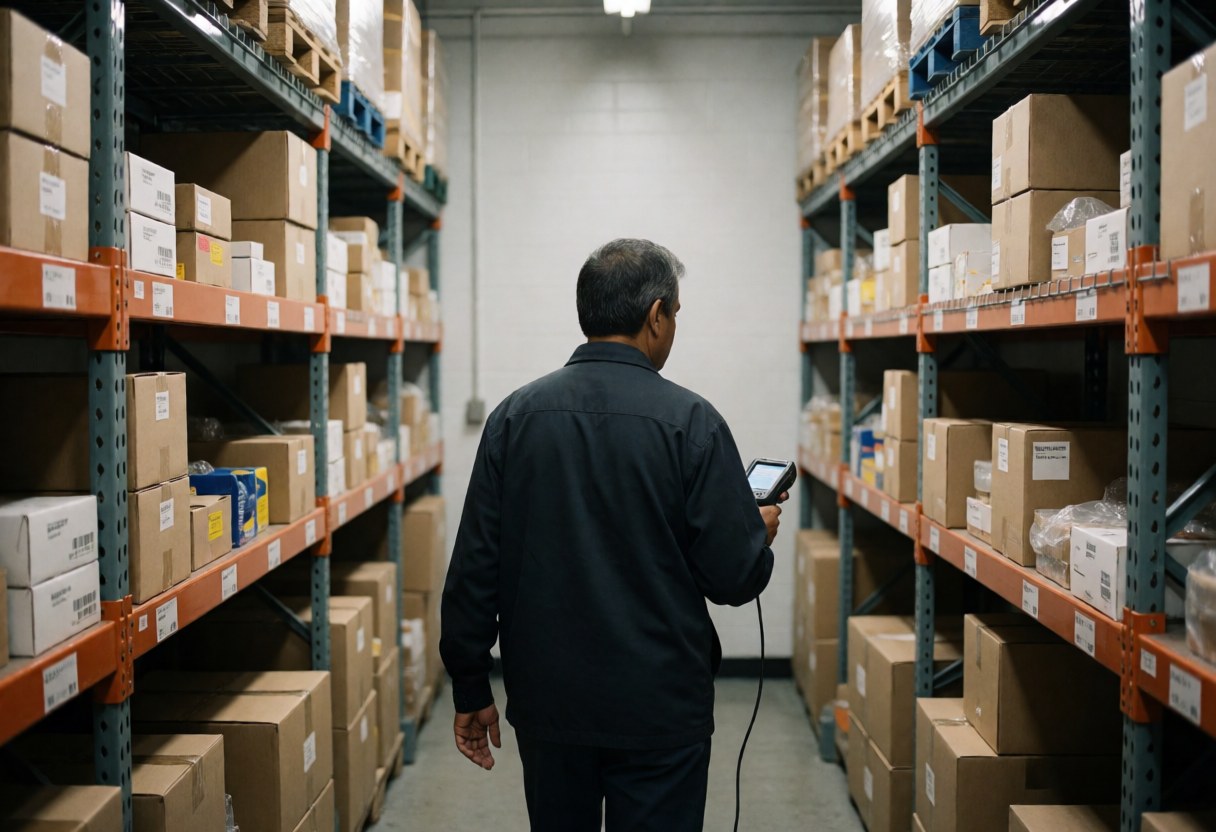 Worker using handheld scanner while walking through warehouse aisles filled with stacked boxes in a logistics facility
