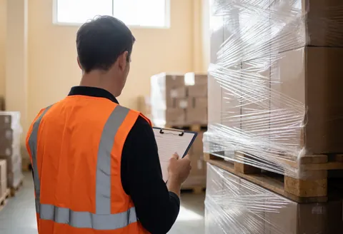 Freight driver reviewing a checklist next to wrapped pallets in a warehouse with natural light