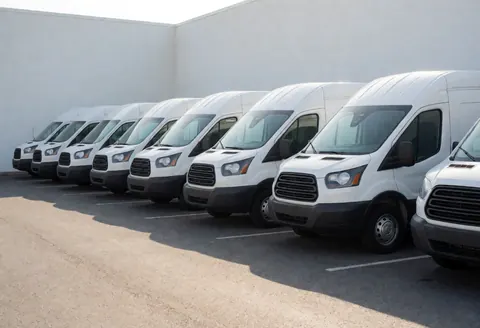 White pickup trucks parked in a neat row on an asphalt lot with white walls and morning light, suitable for logistics and transport businesses